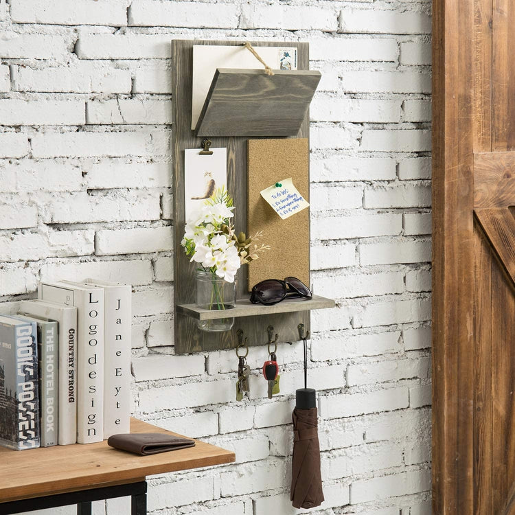 Vintage Gray Wood Wall Mounted Entryway Organizer with Mail Holder, Cork Board, 3 Key Hooks and Glass Mason Jar Vase-MyGift