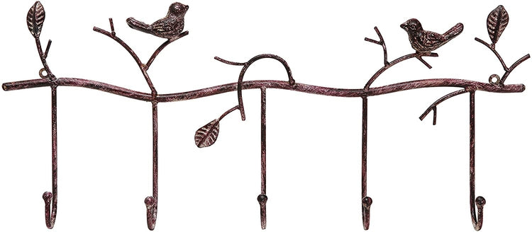 Decorative Tree Branch and Birds Wall Mounted Metal 5 Coat Hook