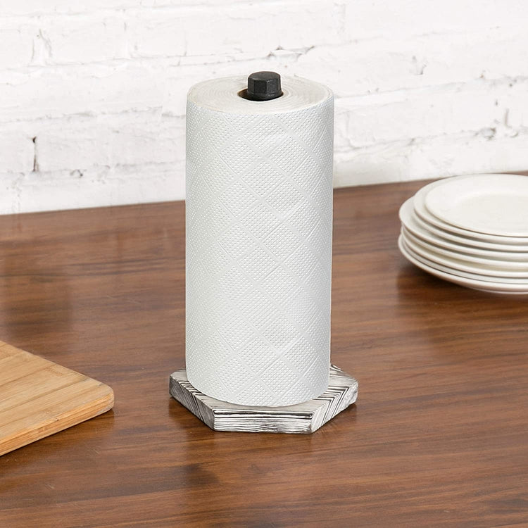 Black Industrial Pipe & White Washed Wood Countertop Paper Towel Holder