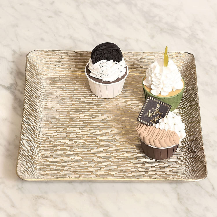 12 Inch Square Brass Metal Decorative Tray with Textured Design, Centerpiece Display Serving Tray