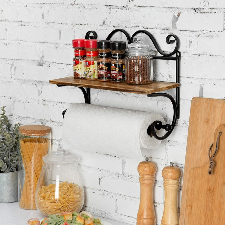 Rustic Burnt Wood Storage Shelf with Black Metal Scrollwork Design & Paper Towel Roll Holder