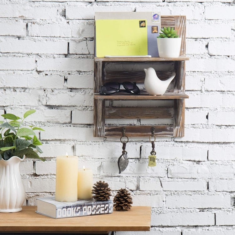 Whitewashed Torched Wood Wall Mounted 2-Tier Floating Shelf Rack