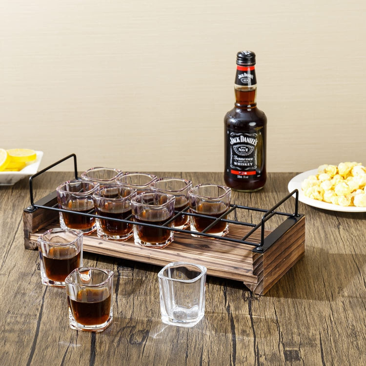 Industrial Black Metal and Rustic Burnt Wood Shot Glasses Server Tray with 10 Shot Glasses