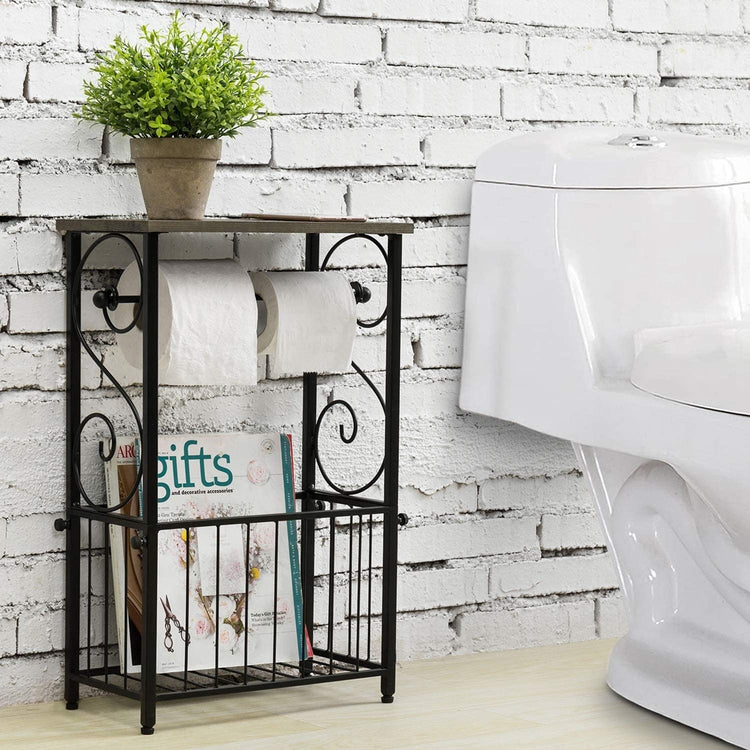 Black Metal Toilet Paper Roll Holder with Gray Wood Storage Shelf, Scroll Metal Design and Bottom Magazine Basket-MyGift