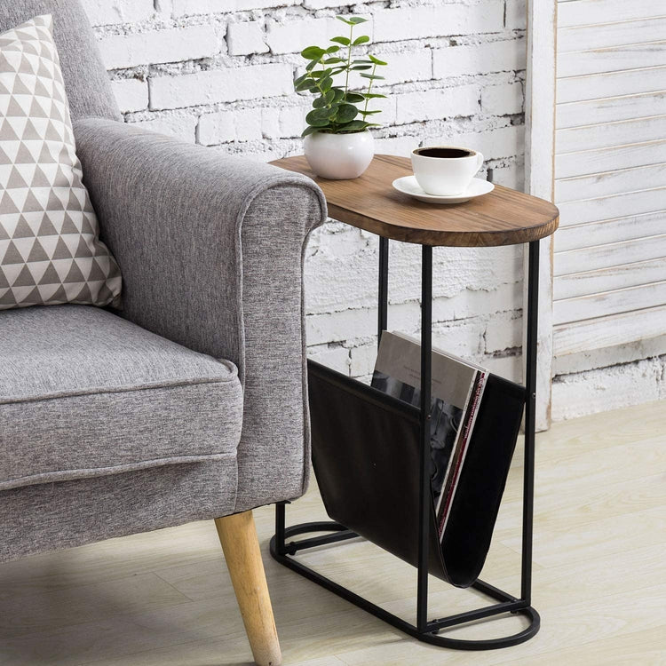 Oval-Shaped Burnt Wood and Black Metal Accent End Table with Magazine Sling Holder-MyGift