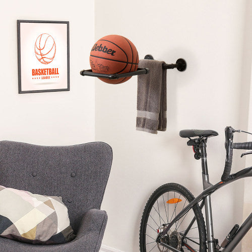 Wall-Mounted Black Industrial Pipe Ball Storage Rack-MyGift