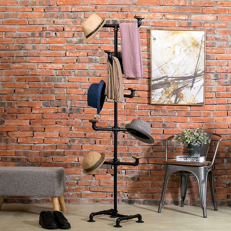 10-Hook Industrial Black Metal Pipe & Wood Hat Tree Stand-MyGift