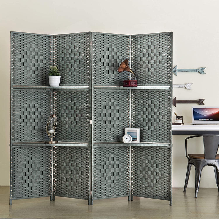 6-Foot Gray Bamboo Woven 4-Panel Room Divider with 2 Shelves – MyGift