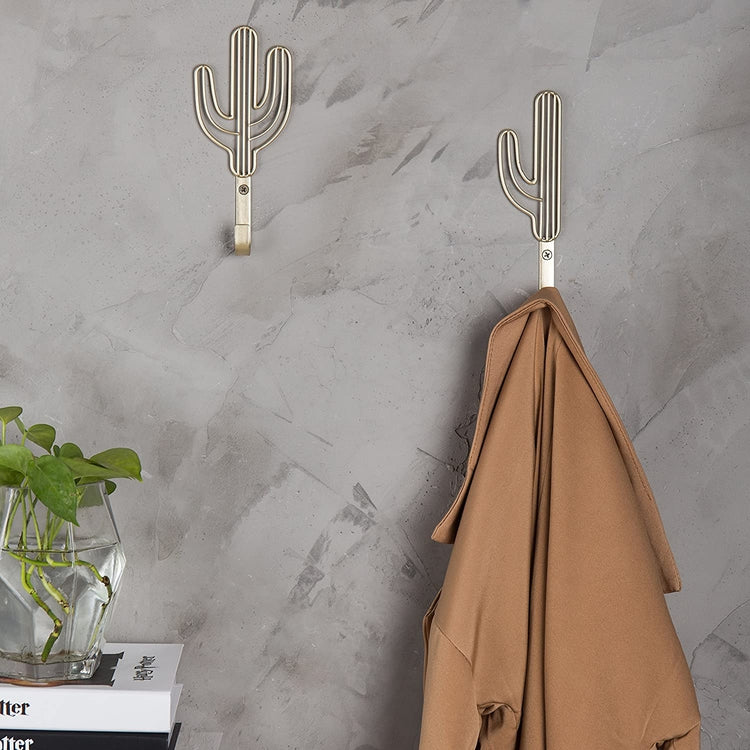 Set of 2 Wall-Mounted Brass-Tone Metal Cactus Coat Hooks-MyGift