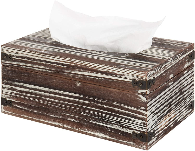 Rustic Torched Wood Rectangular Tissue Box Cover Holder with Metal Accent Wraps