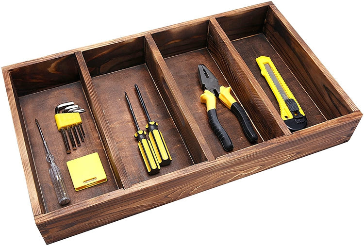 4 Slot Torched Wood Supply Organizer, Kitchen Utensil Cutlery Tray with Carrying Handle-MyGift