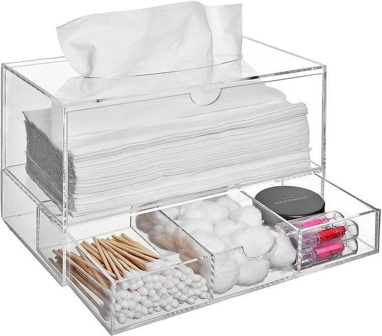 Clear Acrylic Countertop Makeup Organizer, Cosmetics Storage Drawer & Tissue Dispenser-MyGift