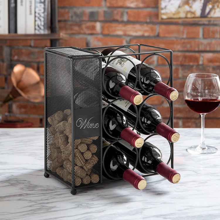 6-Bottle Black Wire Wine Rack with Mesh Cork Basket, Wine Bottle and Cork Holder w/ Chalkboard Labels