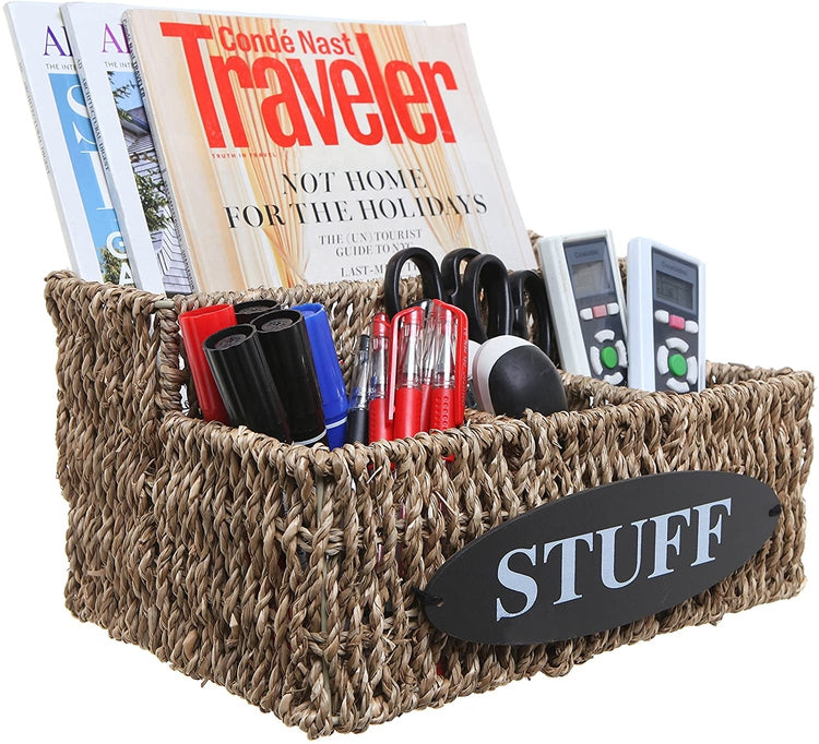 Beige Woven Seagrass Basket Organizer Shelf with 'STUFF' Letter Design, Desktop Multipurpose Storage Bin