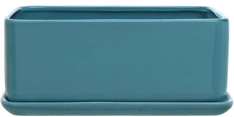 10 inch Rectangular Minimalist Turquoise Ceramic Succulent Planter Pot with Saucer-MyGift
