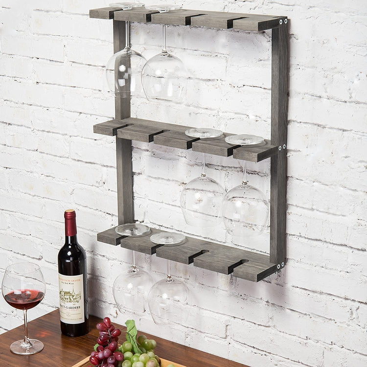 Gray Wood Wall-Mounted 12 Wine Glass Holder Rack, Inverted Stemware Display-MyGift