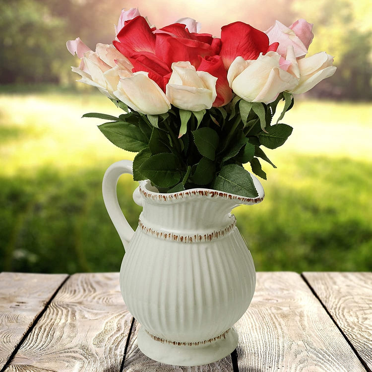 White Ceramic French Country Water Pitcher Flower Vase, Decorative Vintage Bouquet Holder-MyGift