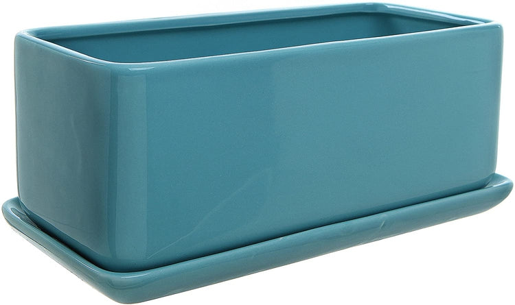 10 inch Rectangular Minimalist Turquoise Ceramic Succulent Planter Pot with Saucer-MyGift