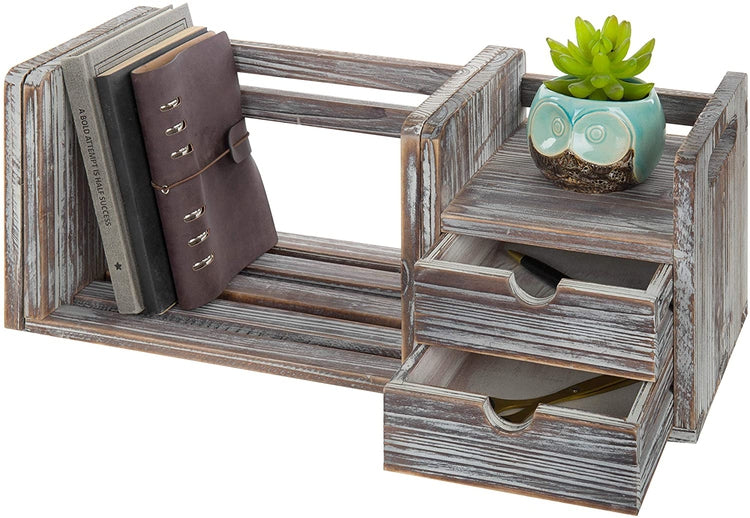 2-Drawer Torched Wood Expandable Desktop Bookcase Organizer-MyGift