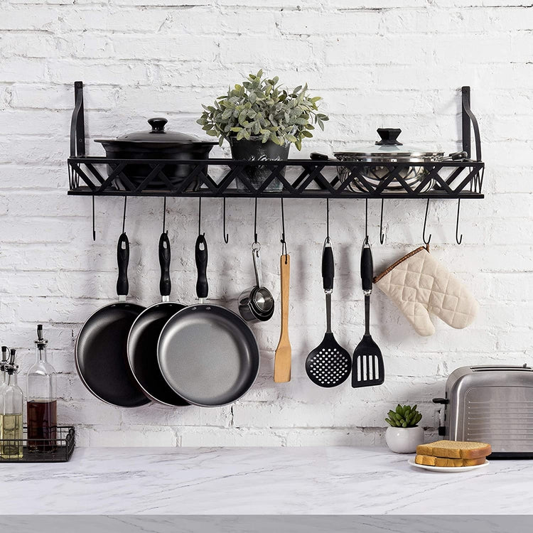 36-Inch Wall Mounted Black Metal Kitchen Cookware Storage Rack