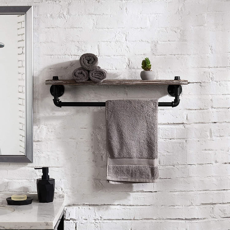Wall Mounted Rustic Torched Wood Shelf and Industrial Pipe Towel Bar-MyGift