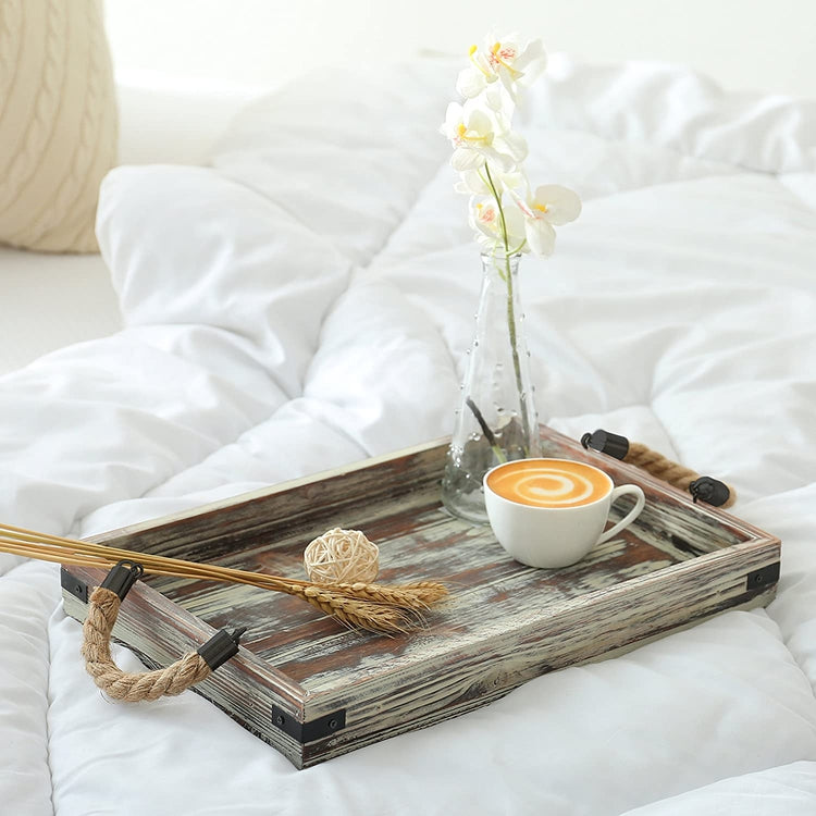 Set of 2, Wood Coffee Tray with Rope Handles, Rustic Serving Trays-MyGift