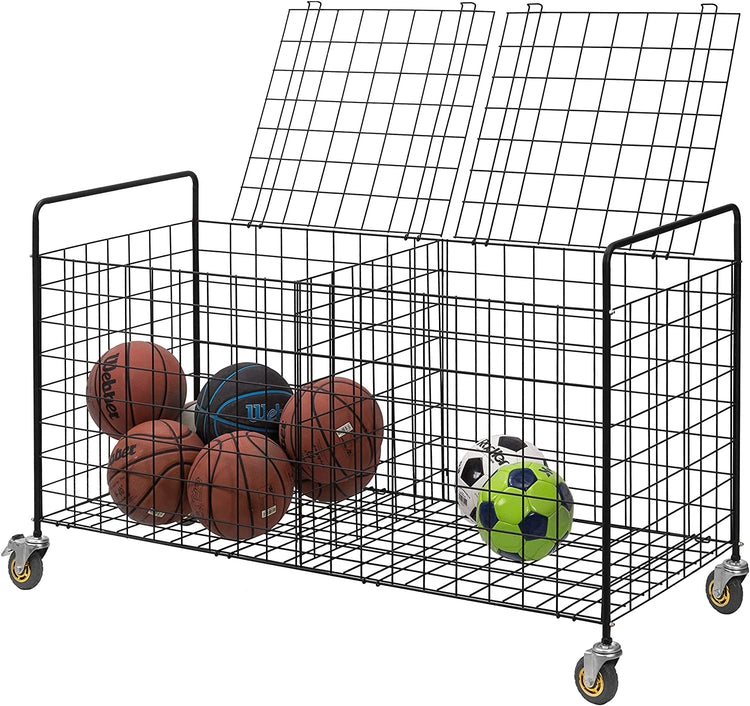 2-Compartment Black Metal Rolling Sports Ball & Gym Equipment Storage Cart-MyGift