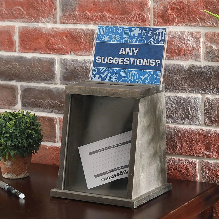 Gray Wood Tip Collection and Donation Box with Window Panel, Top Slot, Lock, Key, Removable Chalkboard, Clear Sign Holder