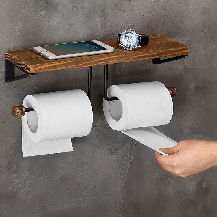 Wall-Mounted Burnt Wood & Black Metal Dual-Roll Toilet Paper Holder with 15-inch Shelf-MyGift