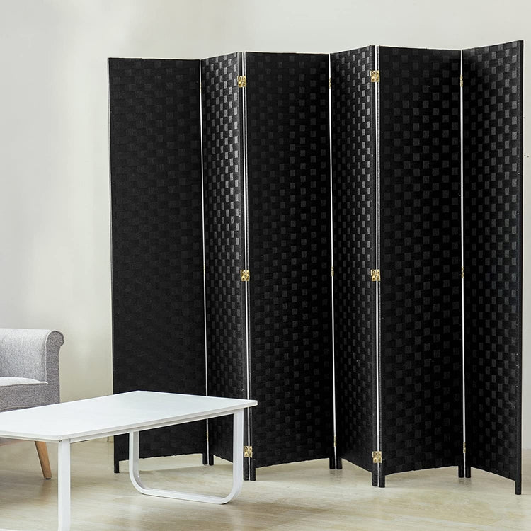 6-Foot Black Woven Paper Rattan 6-Panel Room Divider with Two-Way Hinges-MyGift
