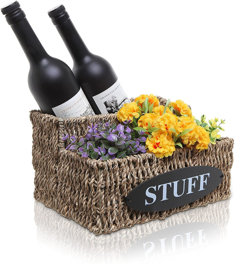 Beige Woven Seagrass Basket Organizer Shelf with 'STUFF' Letter Design, Desktop Multipurpose Storage Bin-MyGift