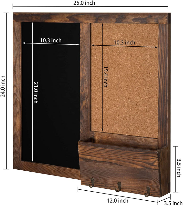 Wall Mounted Chalkboard with Key Hooks and Cork Board, Rustic Dark Brown Wood Mail Sorter-MyGift