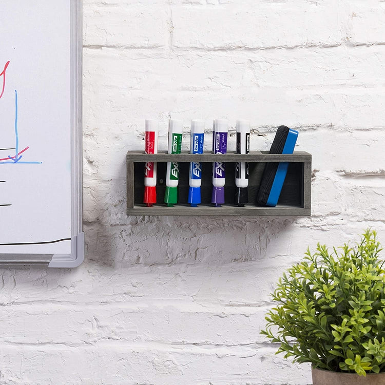 Gray Wood 10 Slot Wall Mounted Dry Erase Marker & Eraser Holder, Storage Organizer