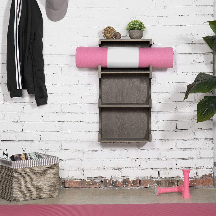 Wall-Mounted Vintage Gray Wood 3-Tier Yoga and Barre Mat Storage
