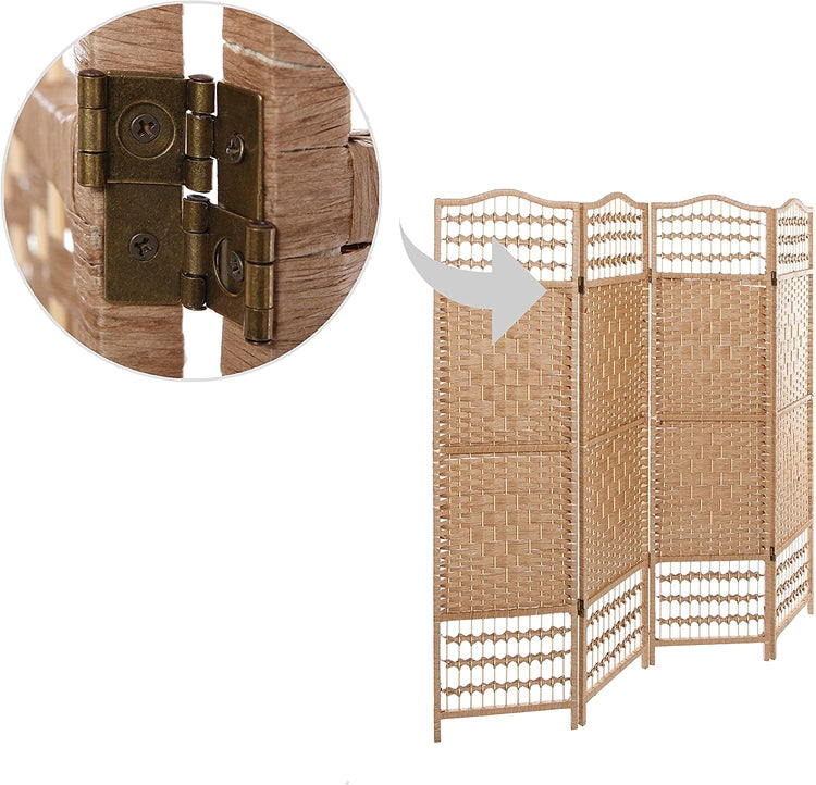 4 Panel Beige Wood Woven Design Decorative Partition Folding Screen, Privacy Room Divider-MyGift