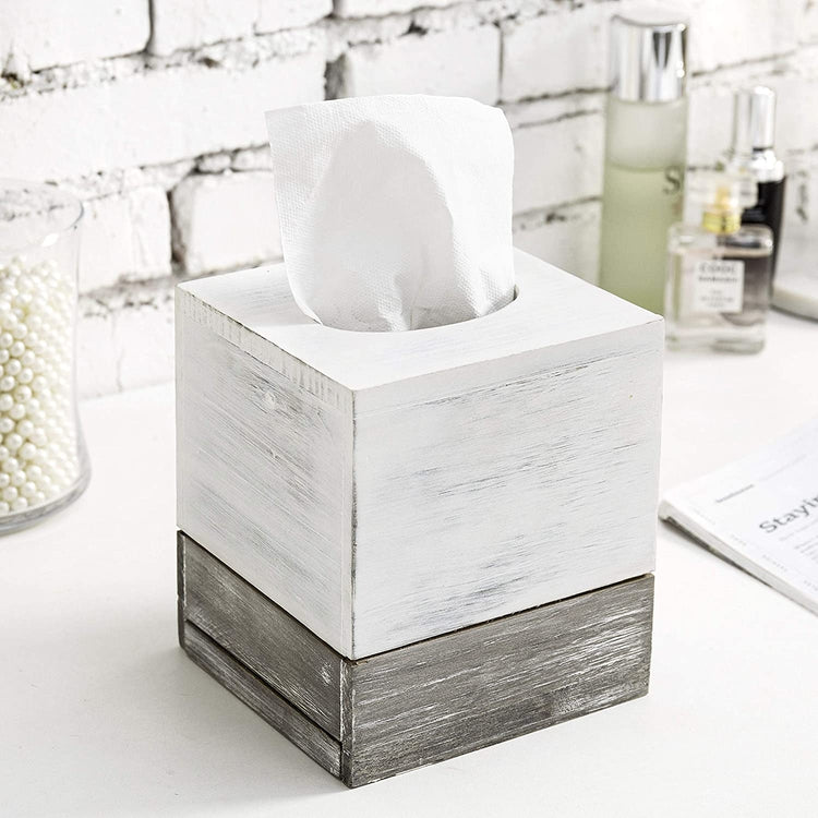 Vintage White & Distressed Gray Wooden Tissue Box Cover with Slide-Out Panel