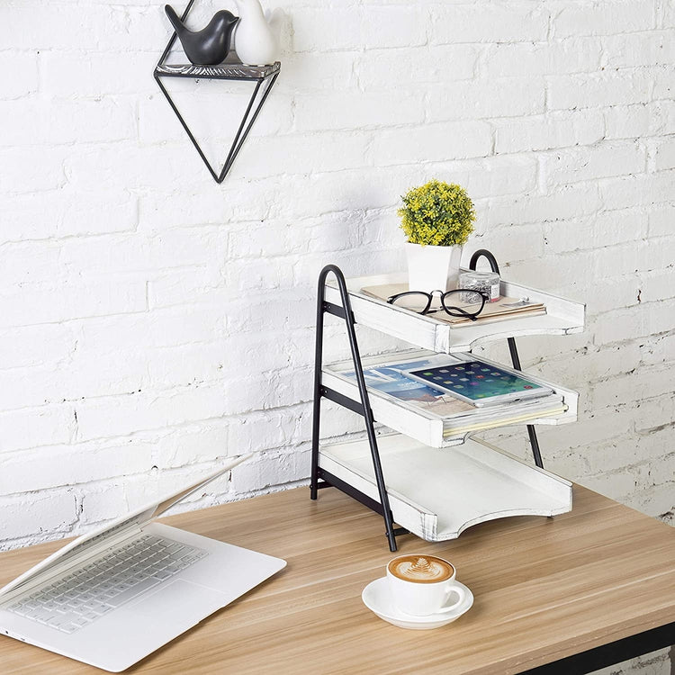 Vintage White Wood Desktop Document Tray, 3-Tier Office File Folder Rack-MyGift