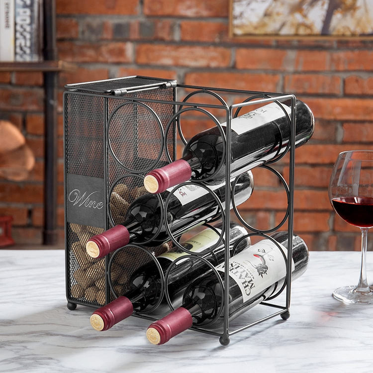 6-Bottle Black Wire Wine Rack with Mesh Cork Basket, Wine Bottle and Cork Holder w/ Chalkboard Labels-MyGift