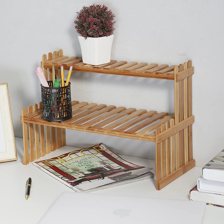 Natural Bamboo Tabletop Stand, 2-Tier Desktop Shelf or Spice Rack