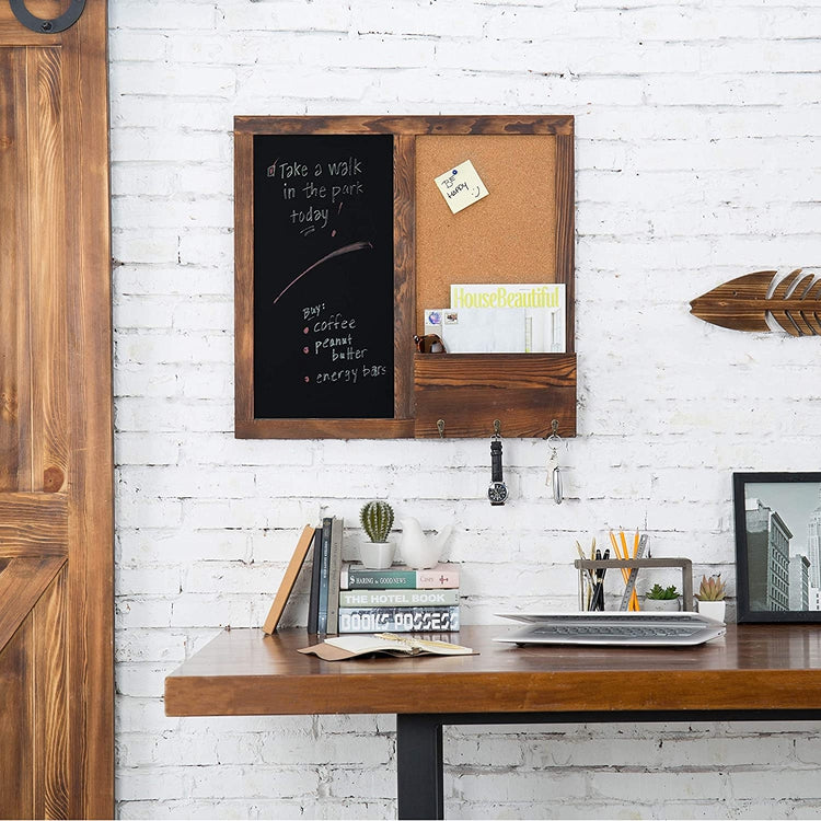 Wall Mounted Chalkboard with Key Hooks and Cork Board, Rustic Dark Brown Wood Mail Sorter-MyGift