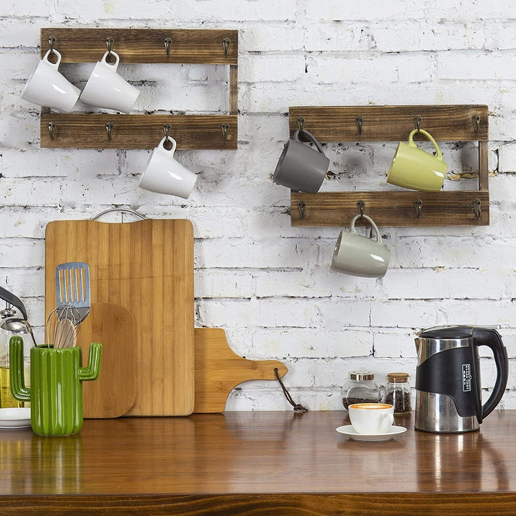 Wall Mounted Coffee Mug Display Rack, Rustic Burnt Wood Collectible Travel  Mug Cup Holder Shadow Box Shelf