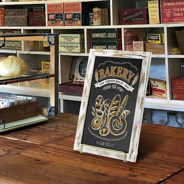 Whitewashed Wood Frame Chalkboard Sign with Brass Tone Metal Easel Stand, Tabletop Wedding, Event Message Board-MyGift