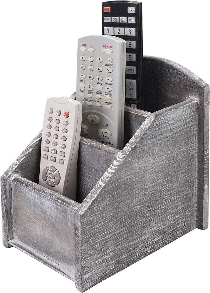 3 Slot Gray Remote Control Caddy with Whitewashed Wood Finish, Media Storage Holder Rack-MyGift