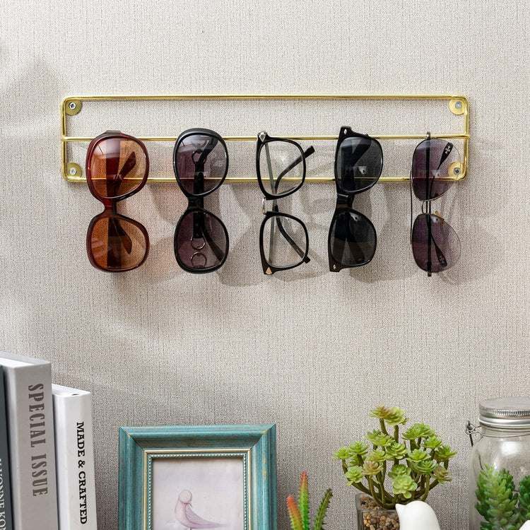 Sunglasses Hanger Holder Brass Tone Metal Wire Wall Mounted Eyewear Display Rack, Hanging Eyeglasses Storage Rail