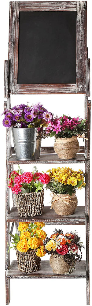 Decorative Torched Wood Easel Style Chalkboard Stand with 3 Tier Display Shelves