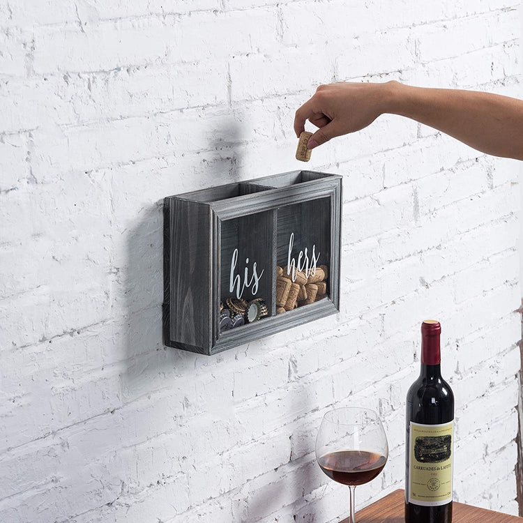 Gray Wood His & Hers Wall Mounted Wine Cork and Beer Cap Holder Shadow Box-MyGift