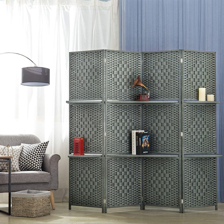 6-Foot Gray Bamboo Woven 4-Panel Room Divider with 2 Shelves-MyGift