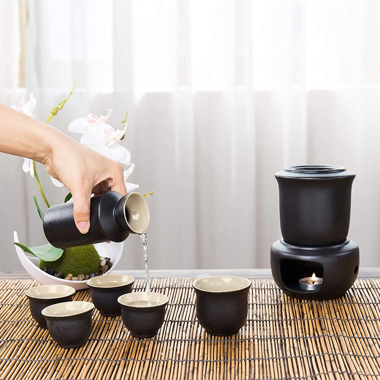 8 Piece Black Ceramic Japanese Traditional Sake Set Server with Warmer-MyGift