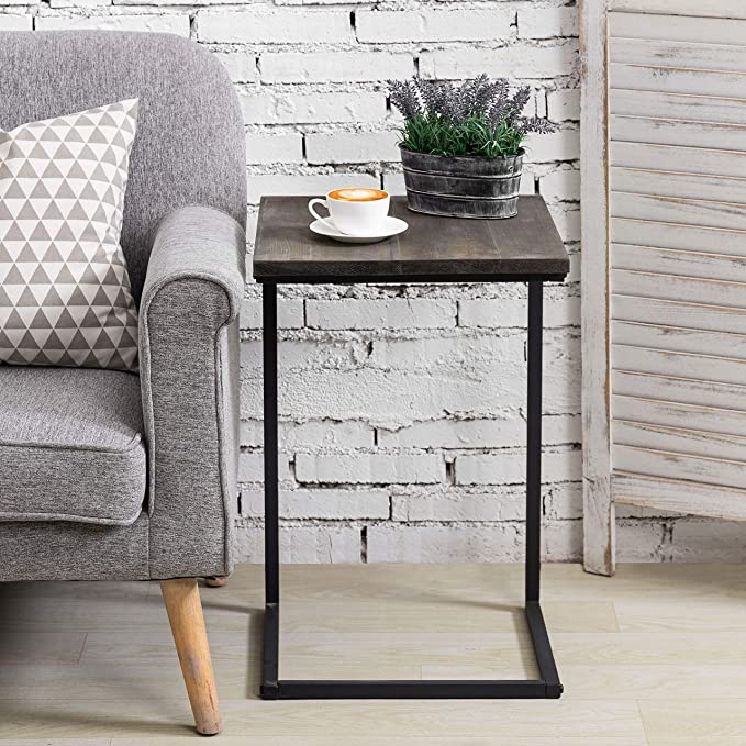 24-Inch Black Metal & Vintage Gray Wood Sliding End Table