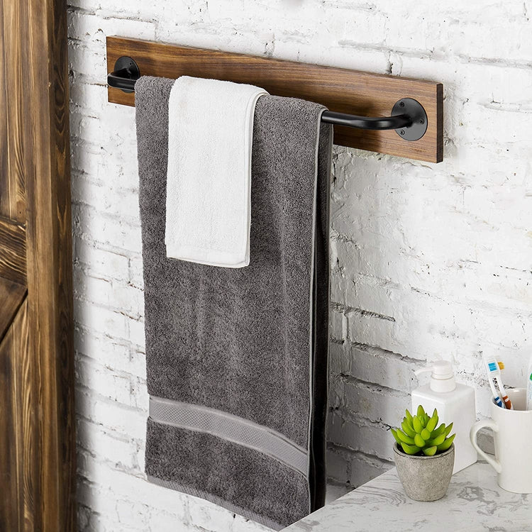 Rustic Wood and Industrial Black Metal Wall Mounted Towel Bar, Hanging Rod Unit For Holding Modular Storage Racks-MyGift
